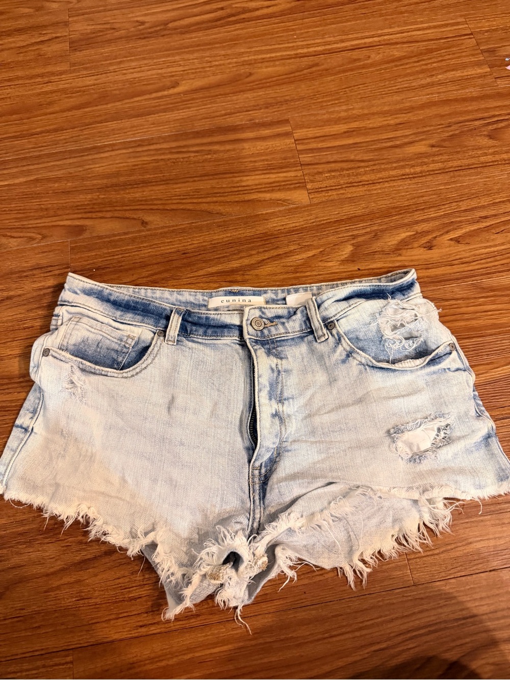 eunina Pale Blue Distressed Denim Cutoff Shorts
